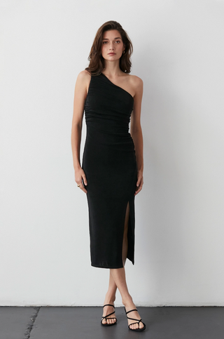Shop for Women's Black One Shoulder Midi Cocktail Dresses Online at Rock 'N Rose Boutique